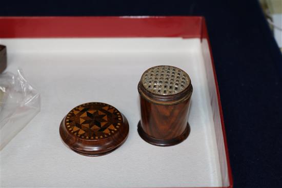 A Tunbridge Ware cylindrical nutmeg grater, a Tangram puzzle box with booklet and a small playing card box